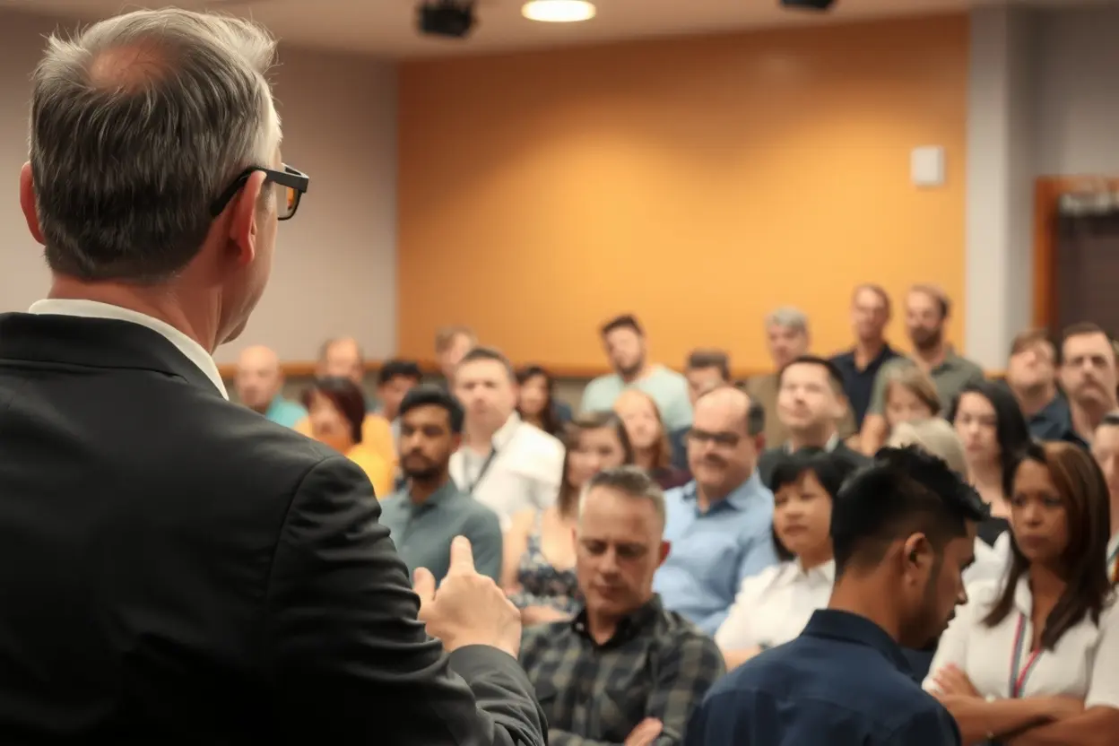 Pregador gesticulando suavemente diante de uma congregação atenta.