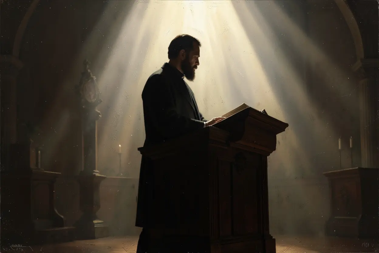 Pregador bíblico solitário em um púlpito de madeira sob um foco de luz celestial.