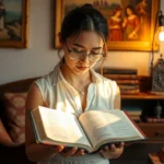 Mulher pregadora com Bíblia aberta, luz suave, estante de livros.