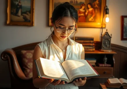Mulher pregadora com Bíblia aberta, luz suave, estante de livros.