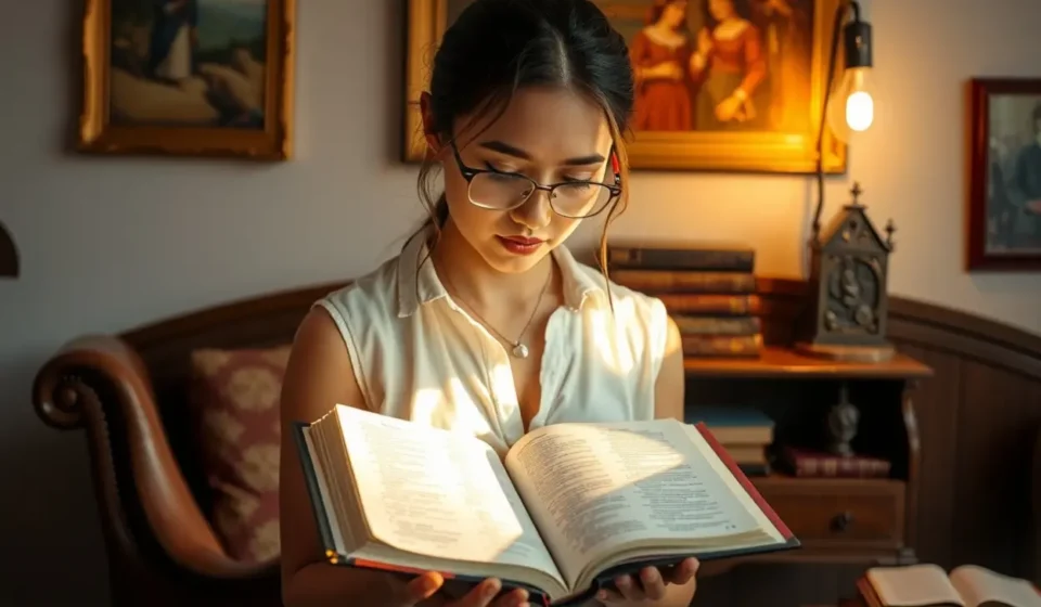 Mulher pregadora com Bíblia aberta, luz suave, estante de livros.