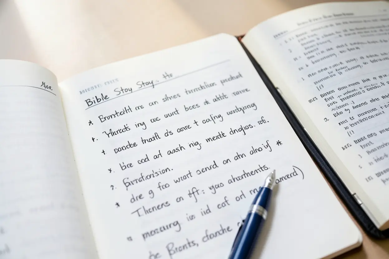 Caderno de anotações com esboço de pregação ao lado de uma Bíblia, representando a preparação espiritual.