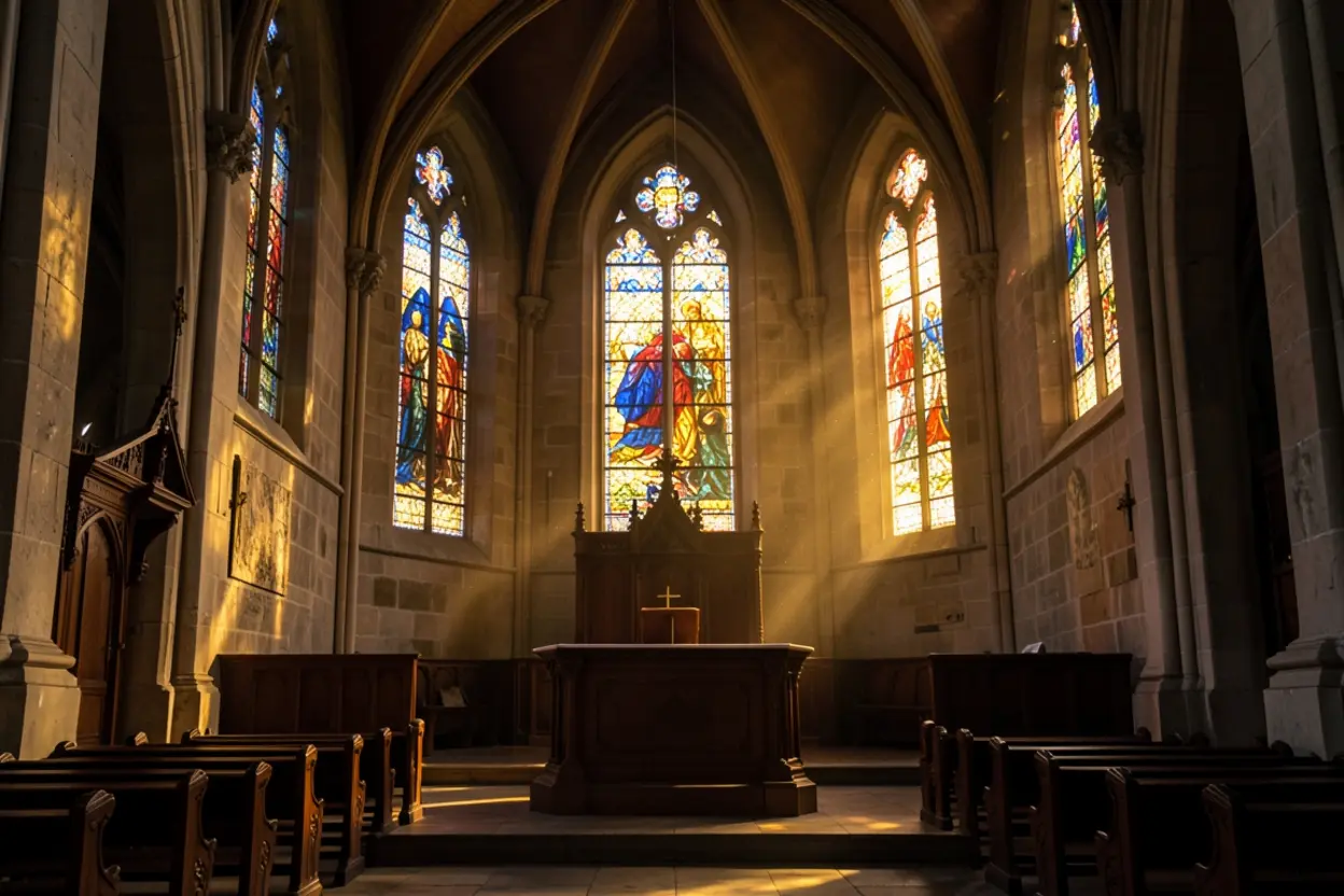 Púlpito de igreja iluminado pela luz da graça.