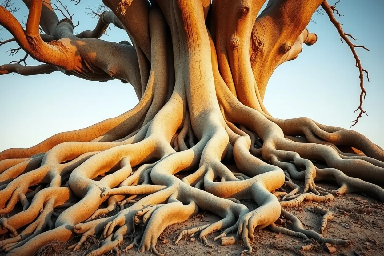 Árvore com raízes profundas, representando a maturidade espiritual e a fé.