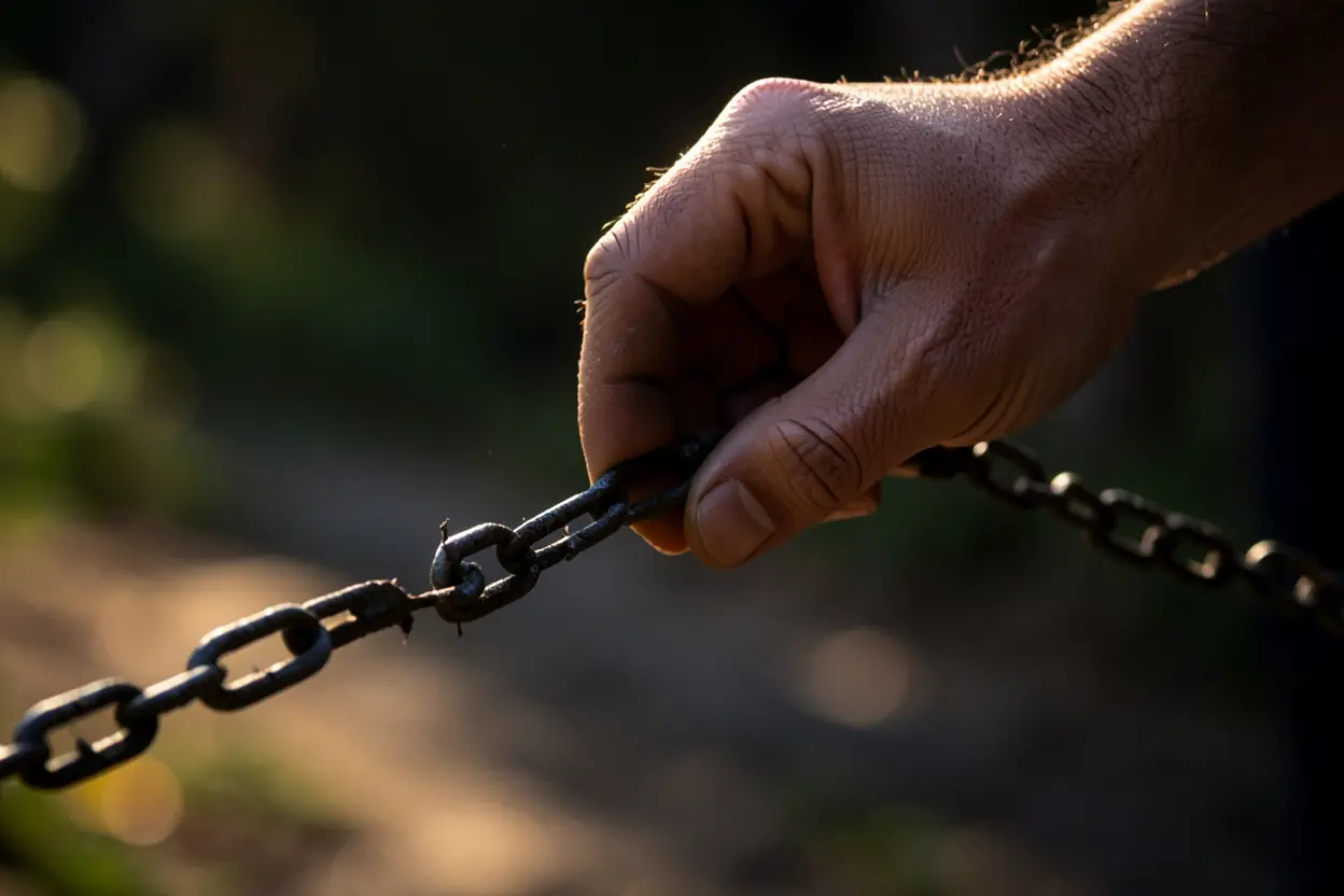 Mão rompendo correntes simbolizando a renúncia pela graça.