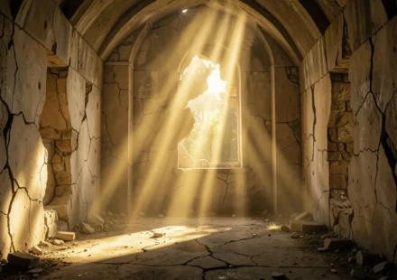 Tabernáculo em restauração com luz divina para cura interior.
