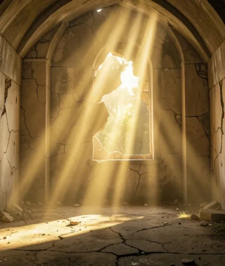 Tabernáculo em restauração com luz divina para cura interior.