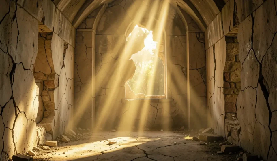 Tabernáculo em restauração com luz divina para cura interior.