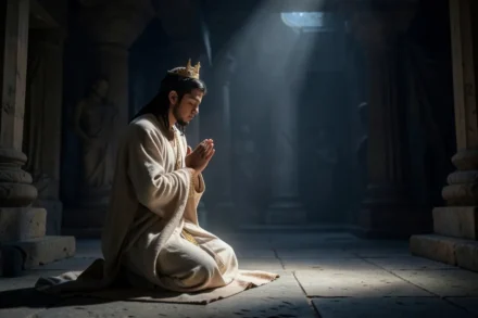 Rei Salomão ajoelhado em oração por sabedoria.