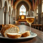 Elementos da Santa Ceia pão e vinho sobre mesa de madeira
