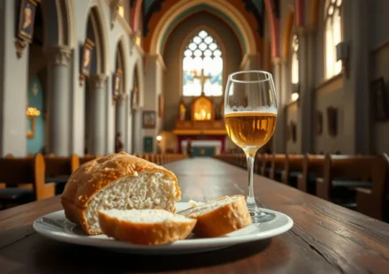 Elementos da Santa Ceia pão e vinho sobre mesa de madeira