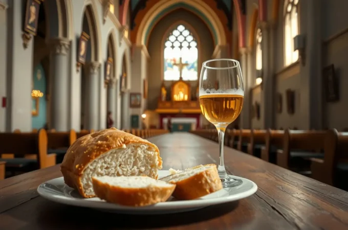 Elementos da Santa Ceia pão e vinho sobre mesa de madeira