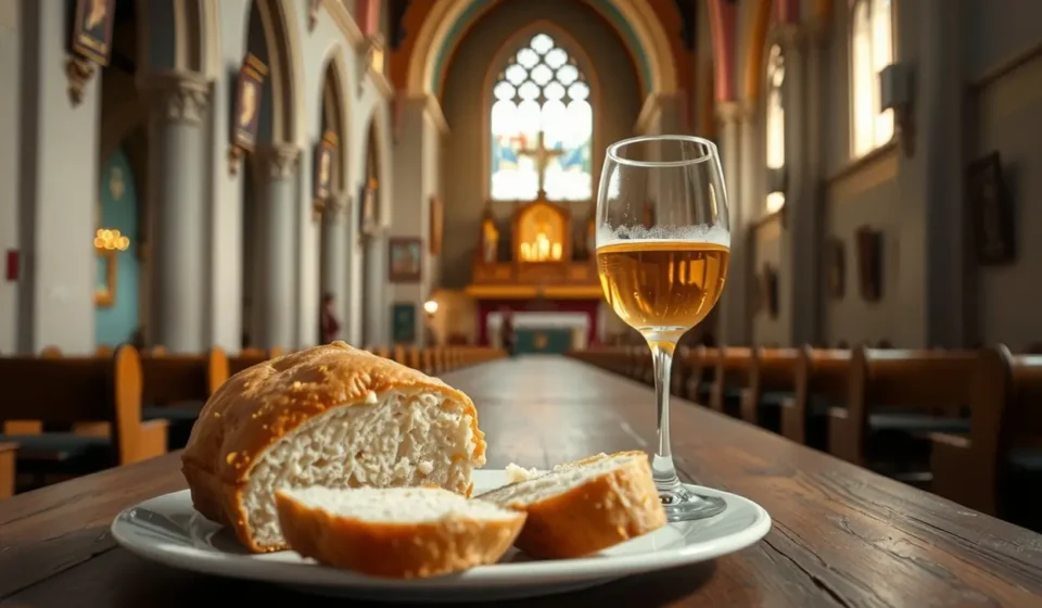 Elementos da Santa Ceia pão e vinho sobre mesa de madeira