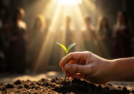 Mão segurando semente brotando, luz divina, mulheres em culto.