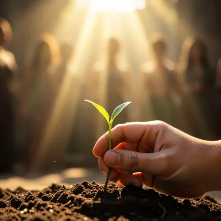 Mão segurando semente brotando, luz divina, mulheres em culto.