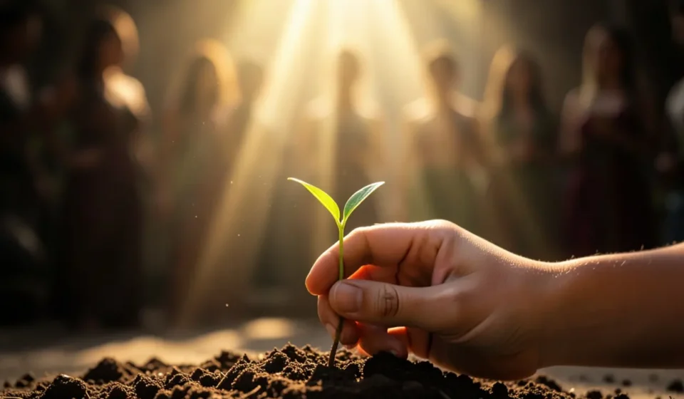 Mão segurando semente brotando, luz divina, mulheres em culto.