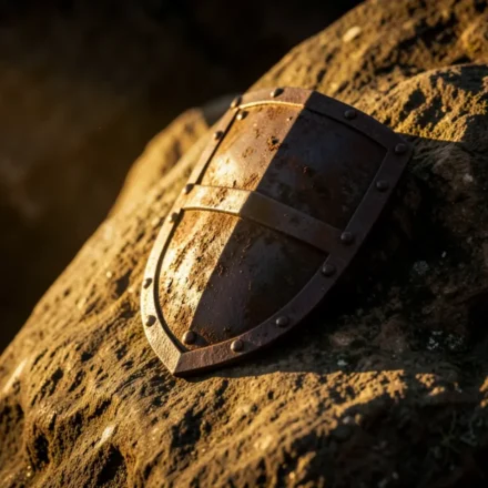 Escudo sobre rocha representando sermão sobre Salmos 46:1