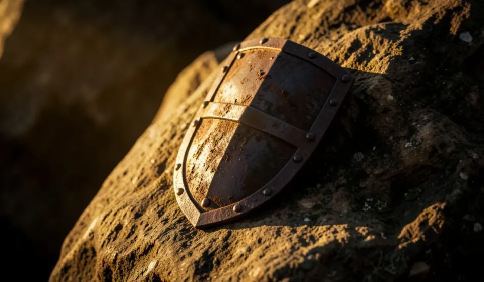 Escudo sobre rocha representando sermão sobre Salmos 46:1