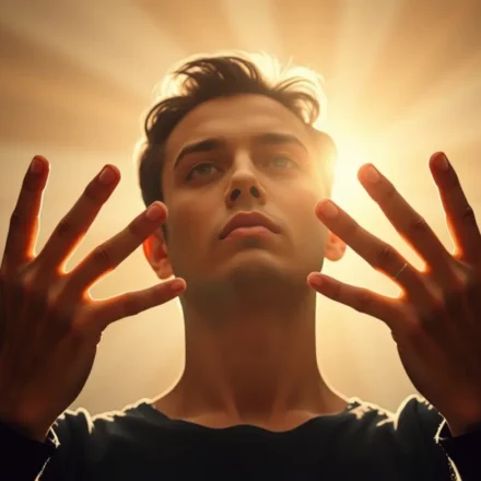 Homem orando com autoridade bíblica.