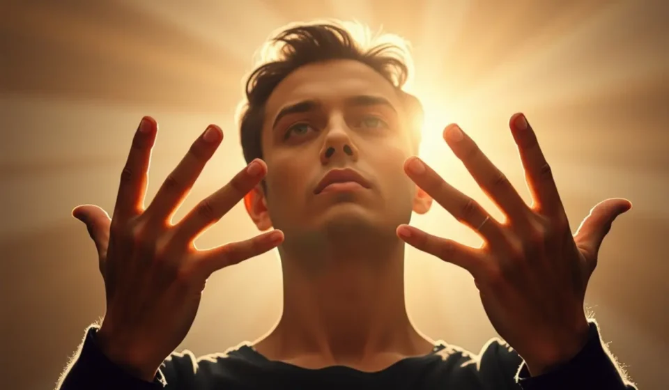 Homem orando com autoridade bíblica.