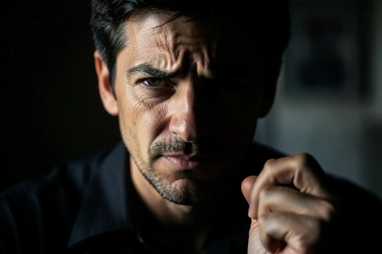 Rosto sombrio e expressão de soberba, refletindo a destruição na liderança, conforme a Explicação de Tito 1:7