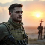 Soldado cristão em postura de combate, simbolizando a perseverança na fé.