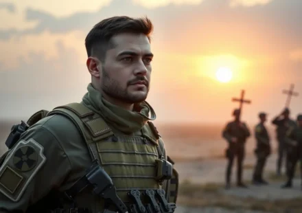 Soldado cristão em postura de combate, simbolizando a perseverança na fé.