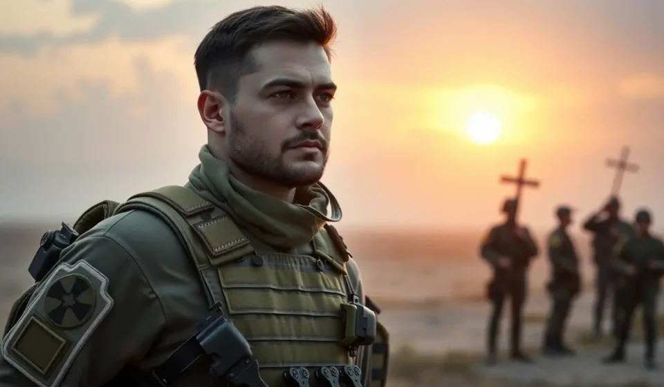 Soldado cristão em postura de combate, simbolizando a perseverança na fé.