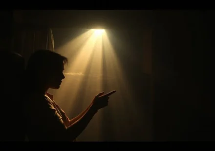 Mãos em gesto de submissão e honra, com um caminho de luz ao fundo.