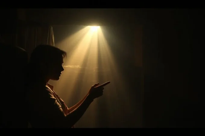 Mãos em gesto de submissão e honra, com um caminho de luz ao fundo.