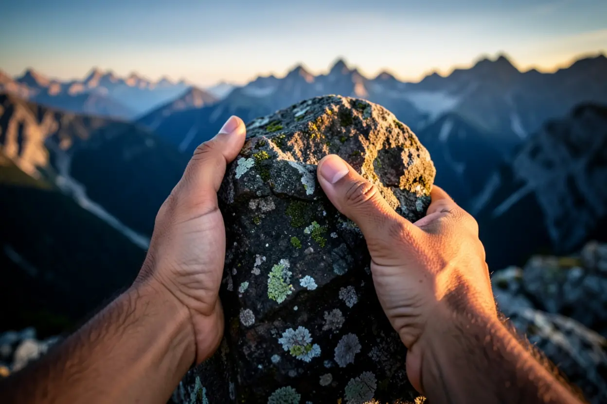 Mão segurando rocha firme simbolizando a superação pela fé.