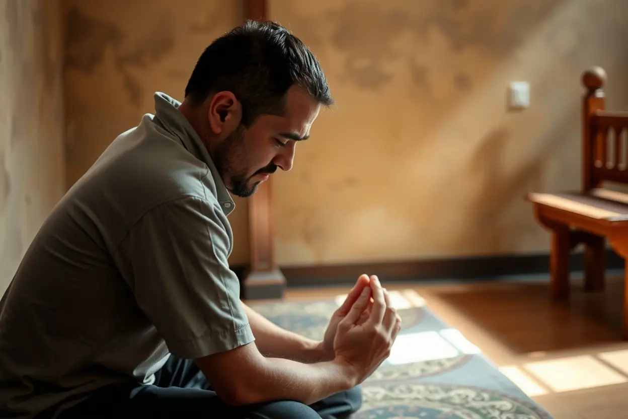 Pessoa orando em humildade, buscando temor a Deus verdadeiro.