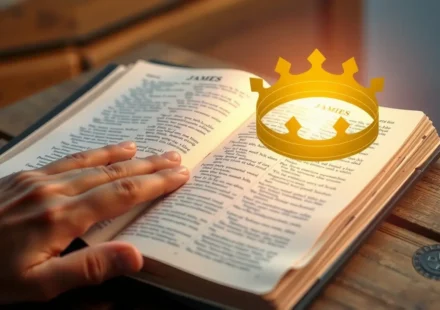 Bíblia aberta em Tiago 1:12 com uma coroa dourada simbólica