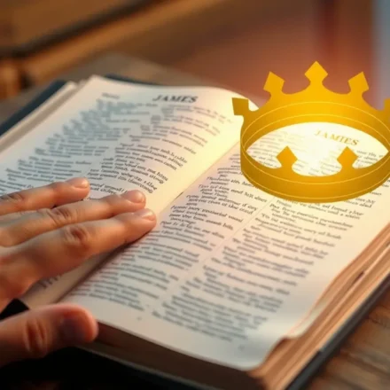 Bíblia aberta em Tiago 1:12 com uma coroa dourada simbólica
