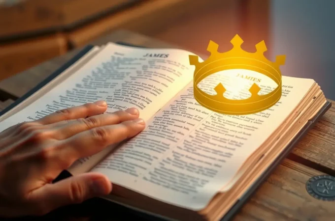 Bíblia aberta em Tiago 1:12 com uma coroa dourada simbólica