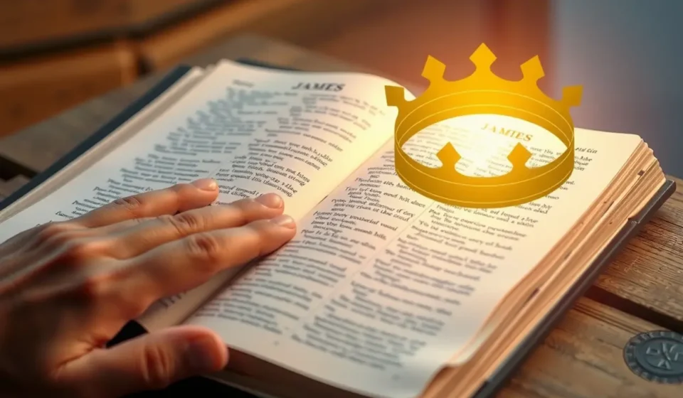 Bíblia aberta em Tiago 1:12 com uma coroa dourada simbólica
