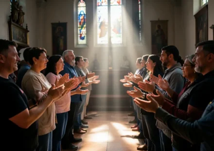 Pessoas orando juntas simbolizando a importância da comunhão na igreja.