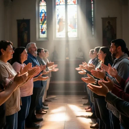 Pessoas orando juntas simbolizando a importância da comunhão na igreja.