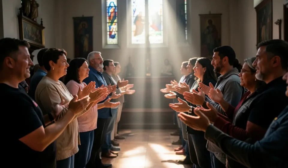 Pessoas orando juntas simbolizando a importância da comunhão na igreja.