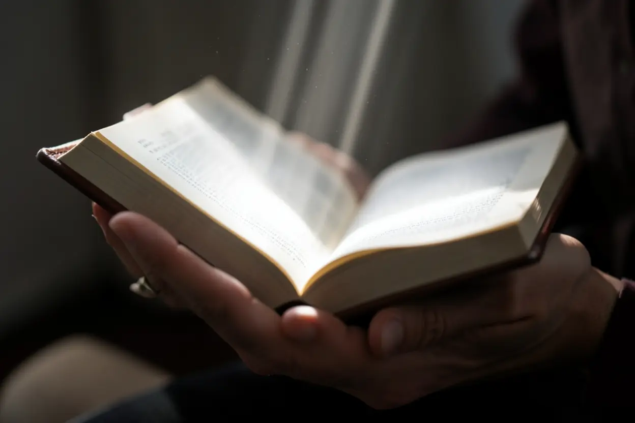 Mãos segurando uma Bíblia aberta, com luz emanando, representando a verdade bíblica.