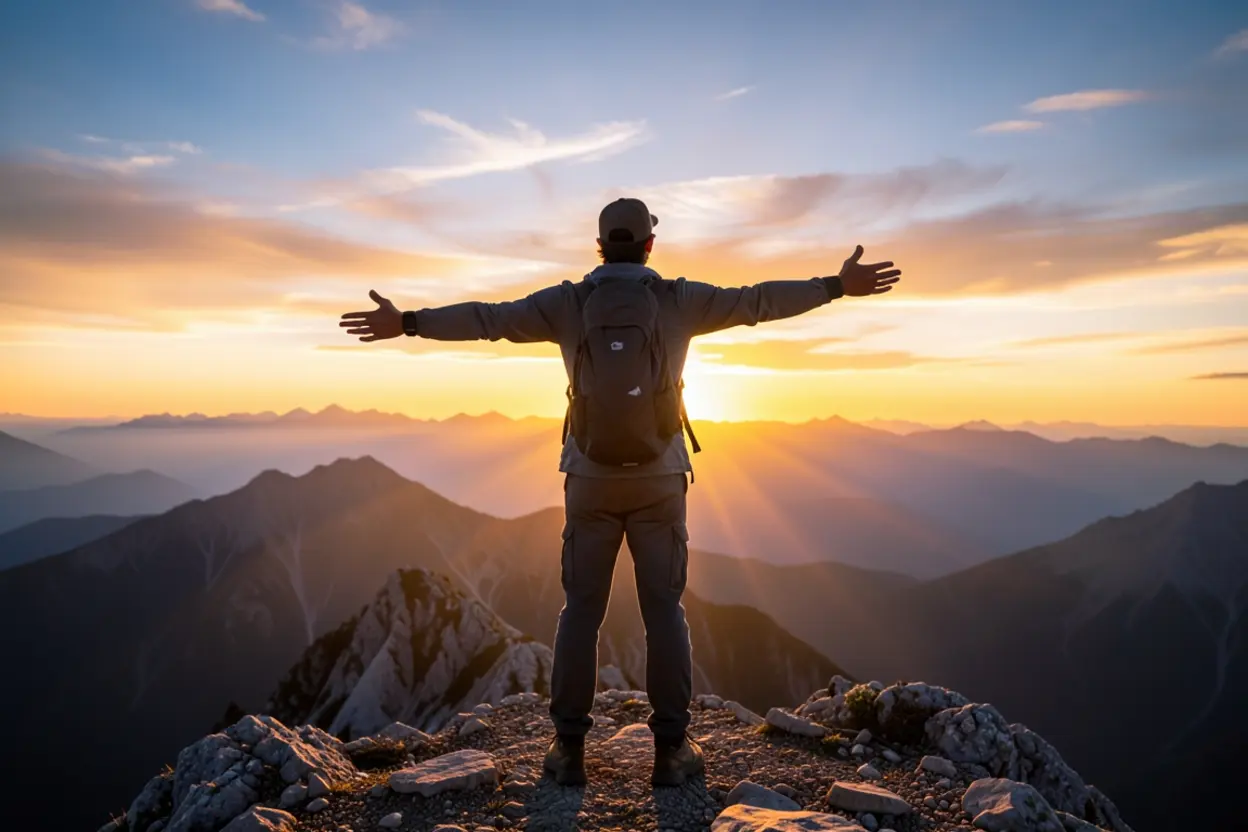 Novo nascimento e libertação espiritual: pessoa em montanha ao nascer do sol.