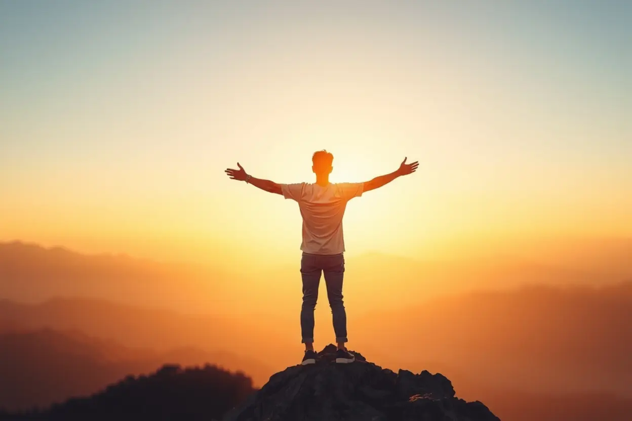 Sinais de um novo nascimento verdadeiro: pessoa no topo da montanha ao nascer do sol.