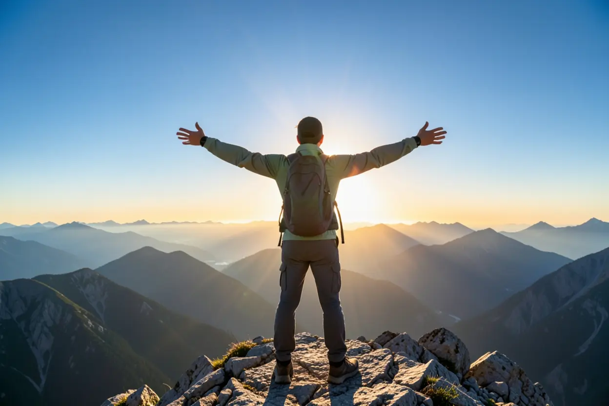 Pessoa celebrando no topo de uma montanha ao romper com o pecado.