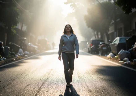 Pessoa em um caminho iluminado, representando a santidade.