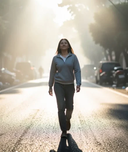 Pessoa em um caminho iluminado, representando a santidade.