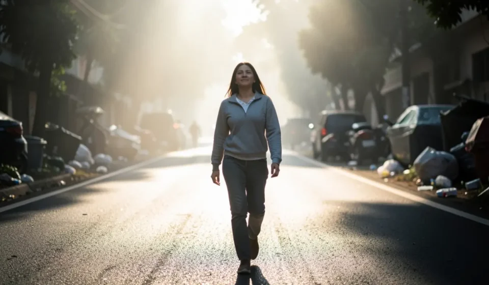 Pessoa em um caminho iluminado, representando a santidade.