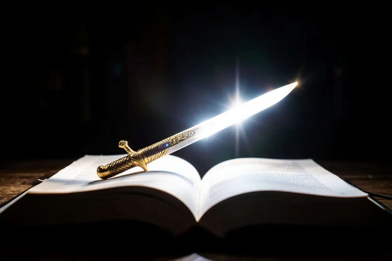 Espada do Espírito sobre a Bíblia representando a autoridade das Escrituras.