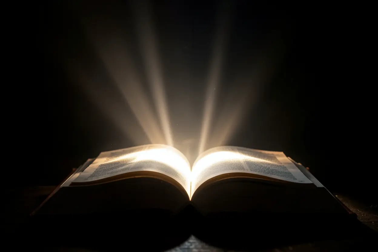 A promessa de Deus Bíblia aberta iluminando o caminho contra o medo do futuro.