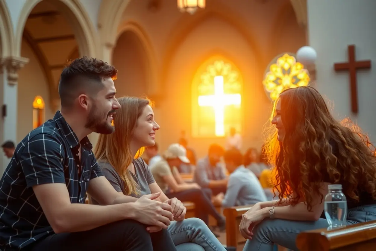 Grupo de jovens cristãos conversando e vivendo em comunhão.