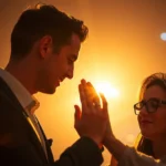 Casal cristão em oração profunda representando amor sacrificial no casamento.